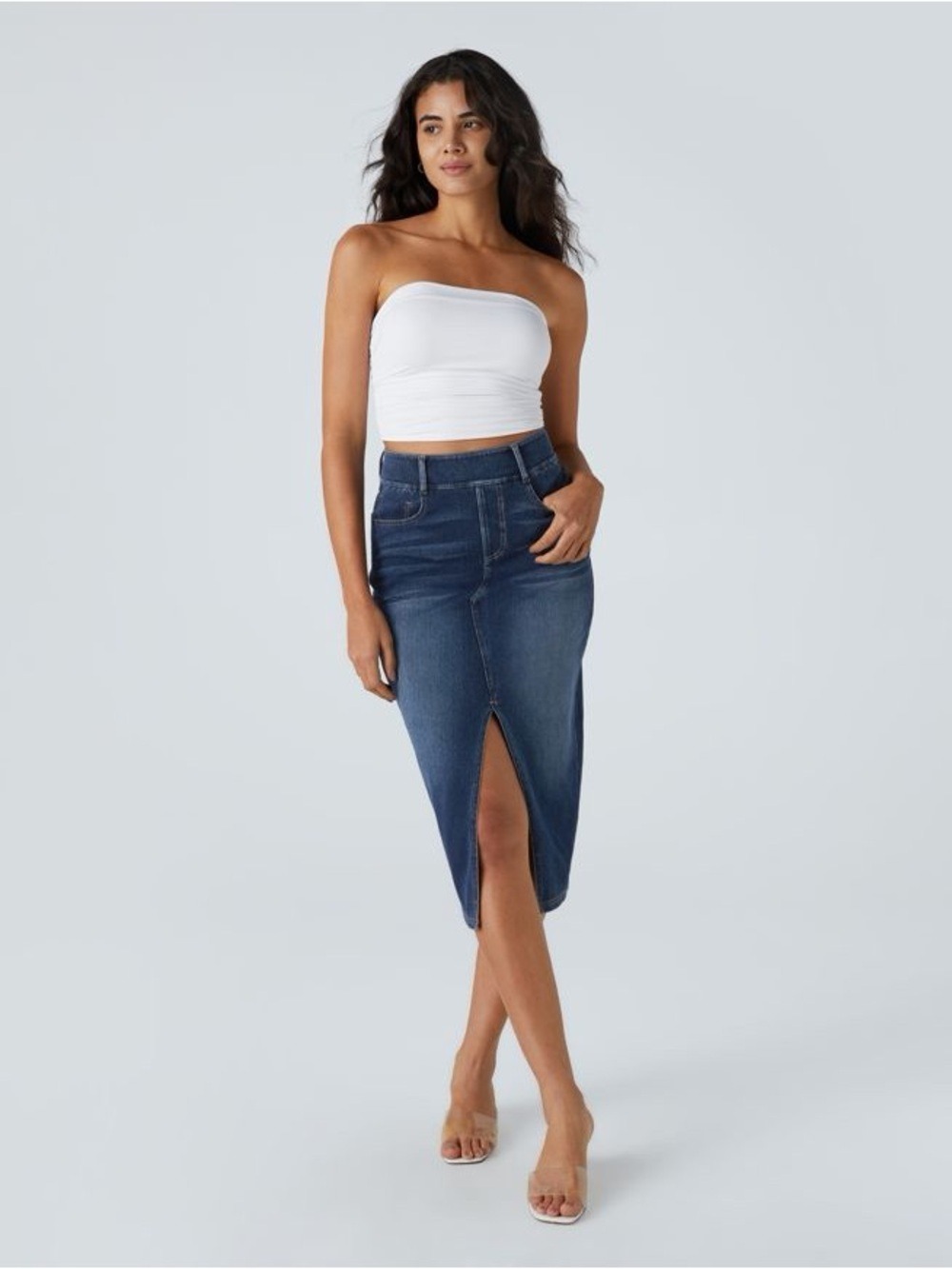 NWT Halara Flex High Waisted Bodycon Washed Denim Midi Skirt Pockets